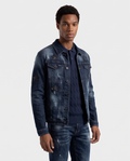 Front view of dark-blue KOVA denim jacket with star embellishments