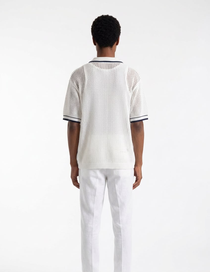 Open-Knit Crochet Polo Shirt