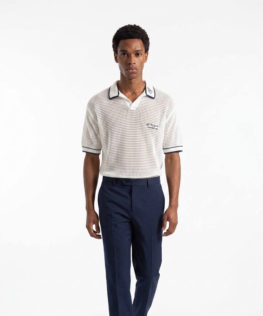 Open-Knit Crochet Polo Shirt